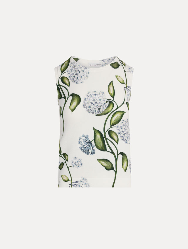 Classic ribbed-knit tank printed with the Porcelain Flower motif. Crew neckline and banded trim, sleeveless. Front View. 