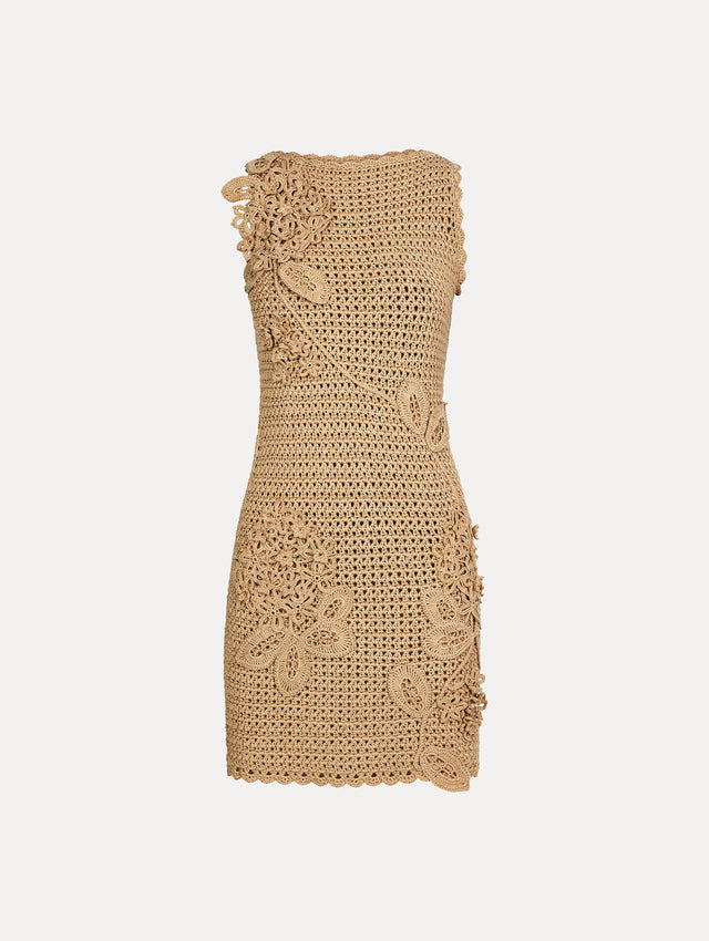 Taupe, halter neck mini dress with tonal porcelain flowers  across an intricate hand-crocheted lattice, sculpted petals winding along the body. Front View. 