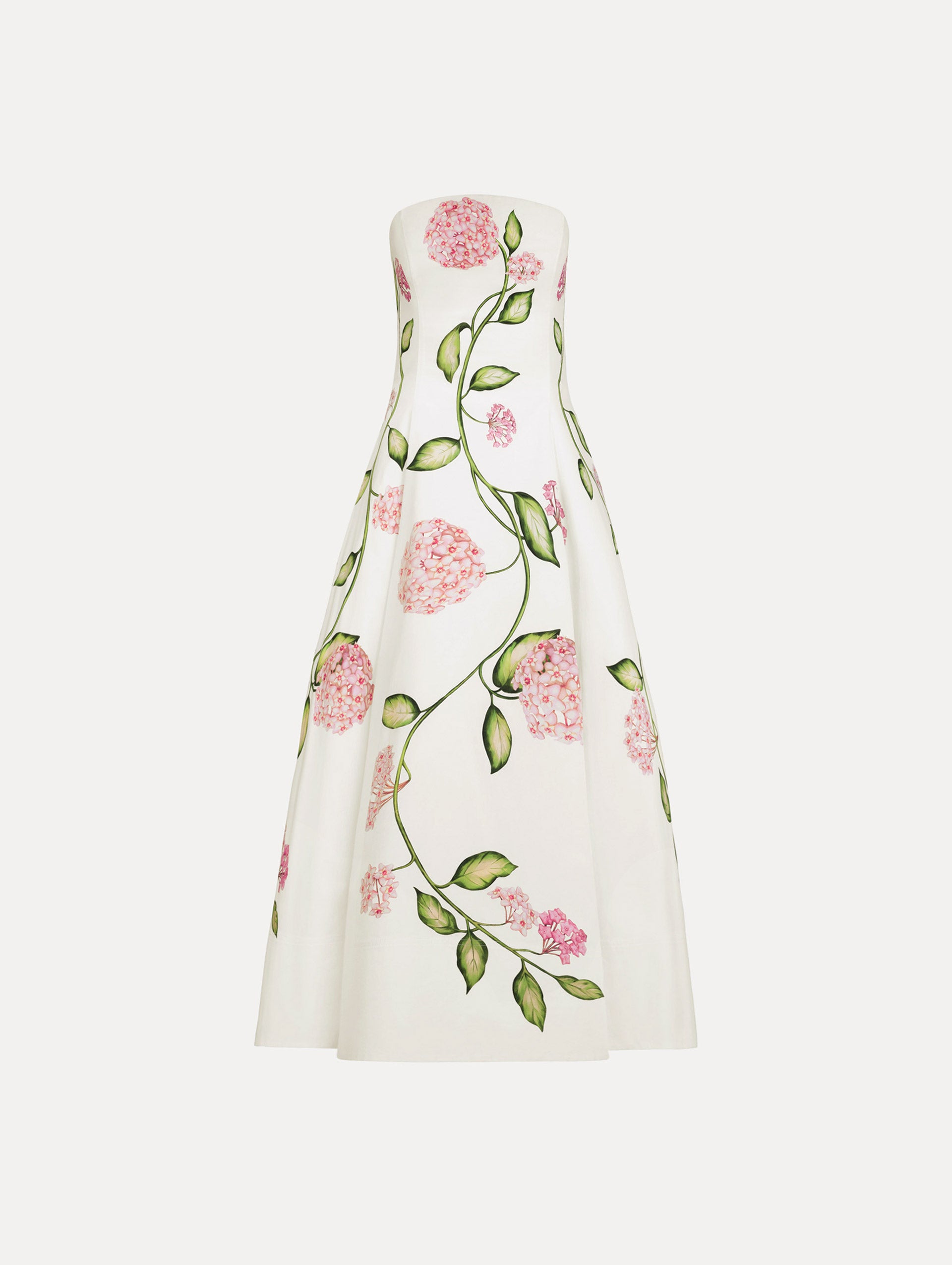 White, strapless cotton poplin midi dress.  Sculpted bodice with flared skirt. vivid pink flower print. Front View. 
