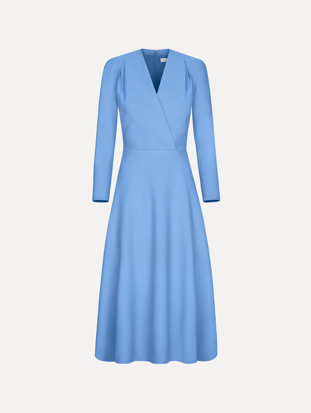 The Wool-Blend Long-Sleeve Dress in the color Hydrangea blue. Featuring a sculpted wrap bodice, long sleeves, and a flared skirt. Front View.
