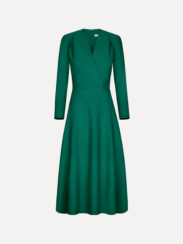 The Wool-Blend Long-Sleeve Dress in the color Malachite green. Featuring a sculpted wrap bodice, long sleeves, and a flared skirt. Front View.
