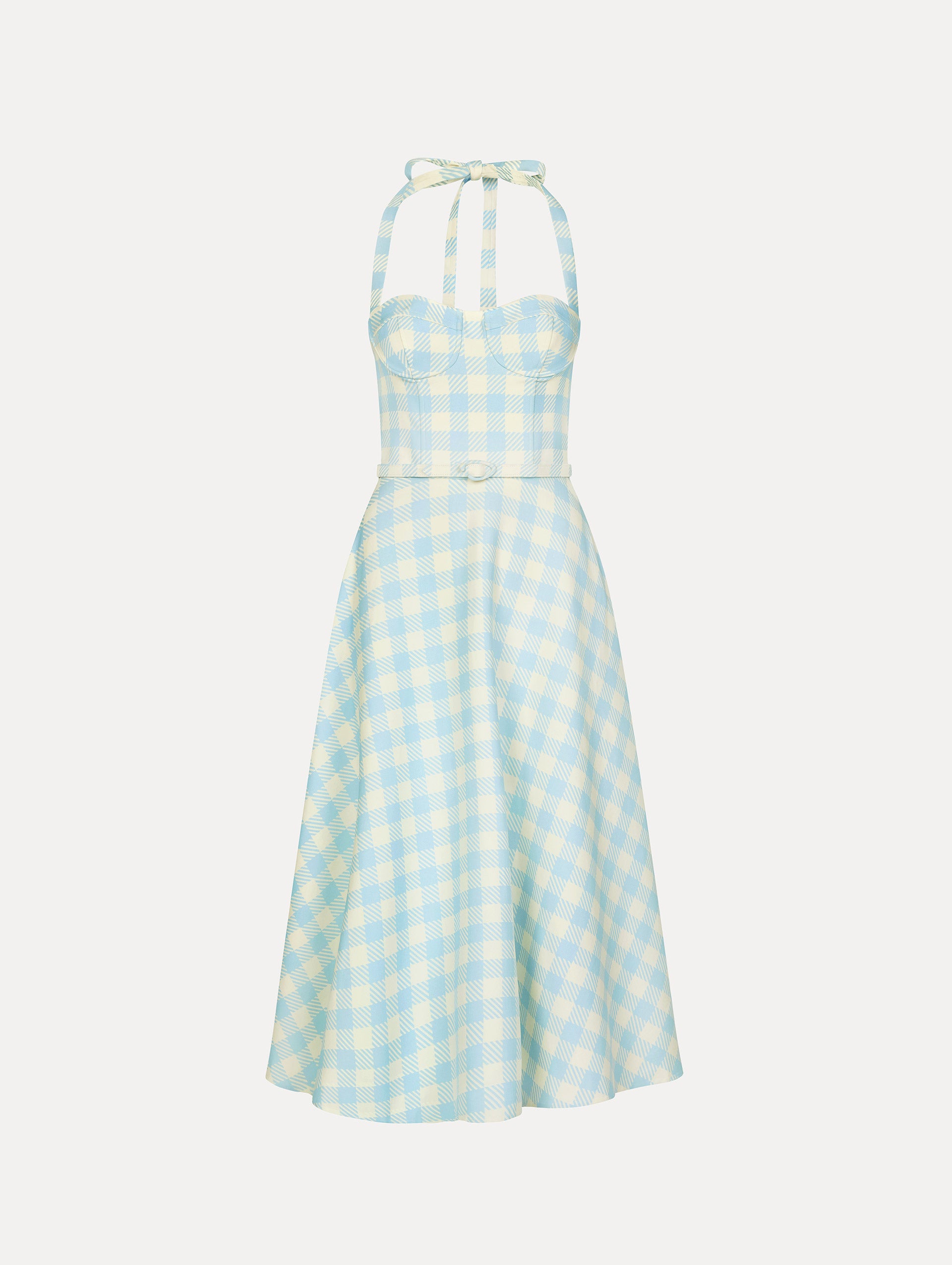 Pale blue and ivory gingham wool-blend halter dress. Structured bodice, flared midi skirt, and covered belt at the waist. Front View.