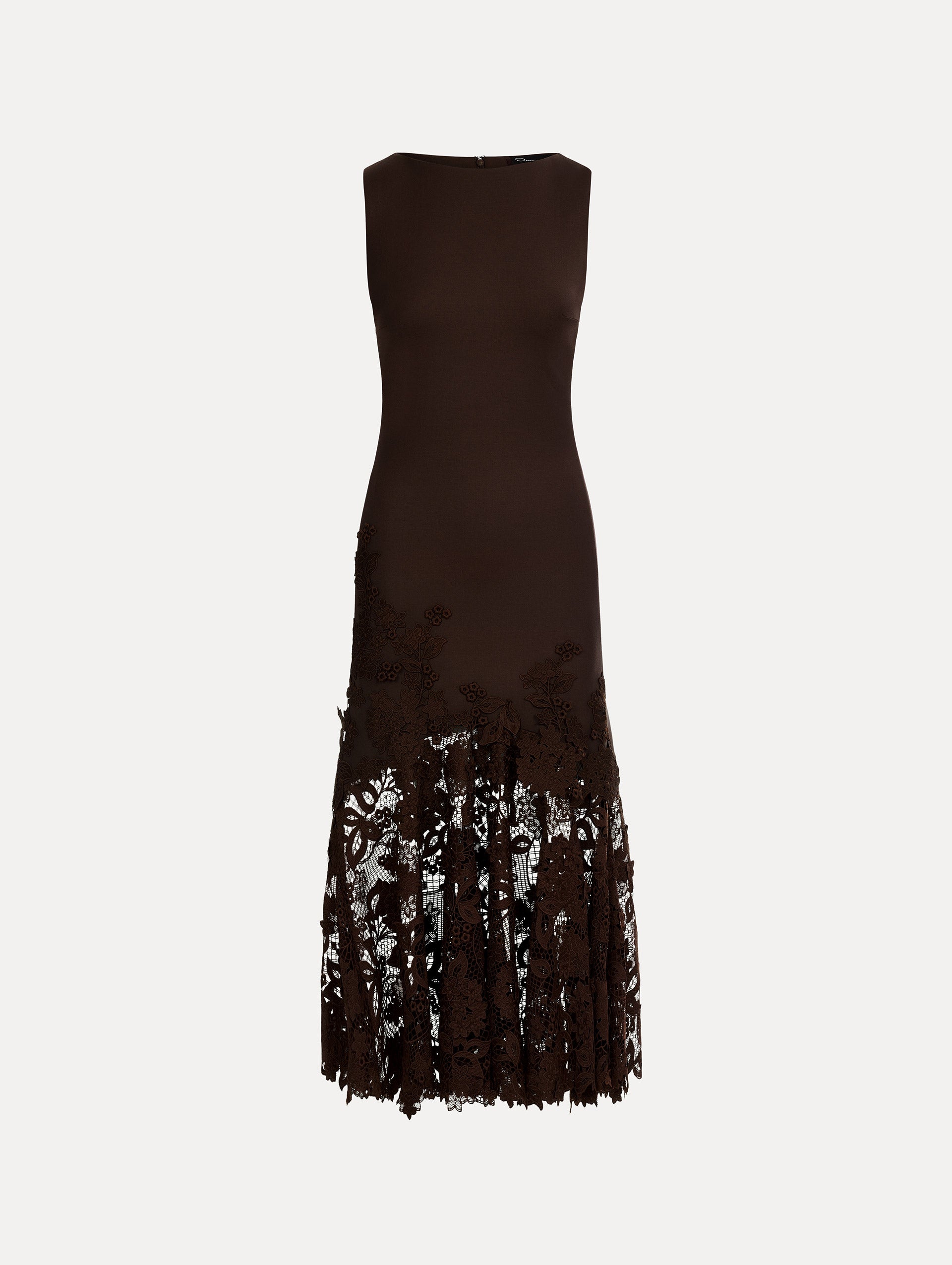 Halter Neck Dress in Espresso double-faced stretch wool. Softly flared skirt with flower guipure. Front View.