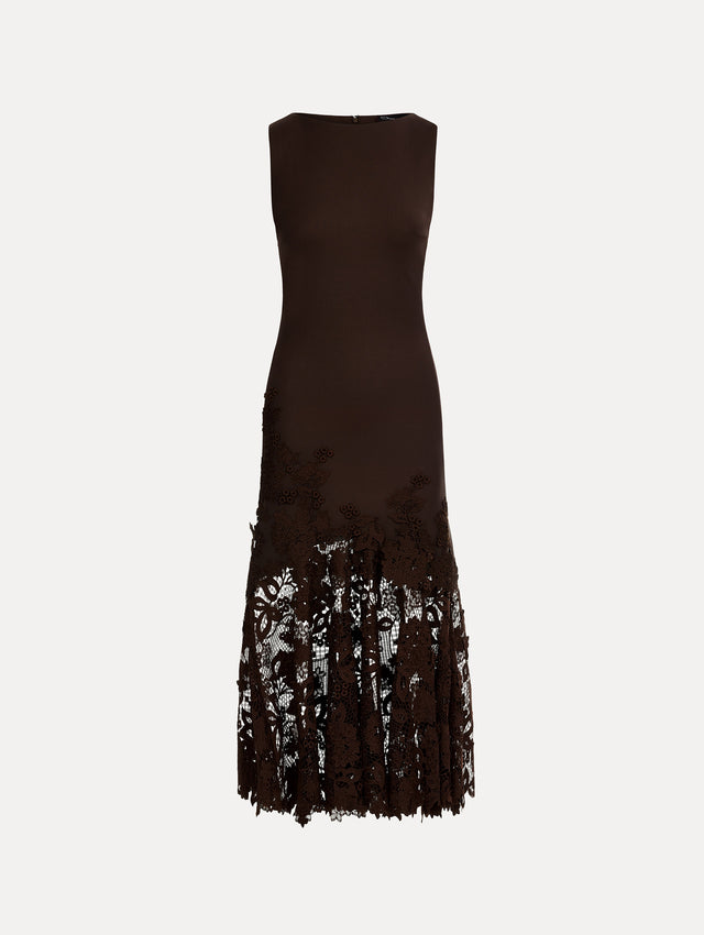 Halter Neck Dress in Espresso double-faced stretch wool. Softly flared skirt with flower guipure. Front View.