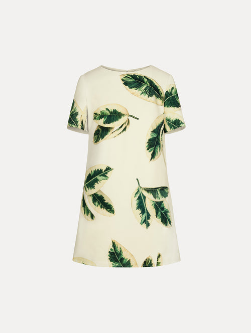 Ficus Leaves Shift Dress in the color Green and Ivory featuring a Ficus leaf printed design.