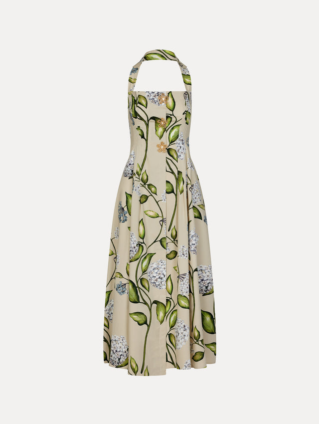 Cotton Poplin Halter Neck Midi Dress. Three Gold Floral Buttons at Front. Blue and Green Florals. Front View.