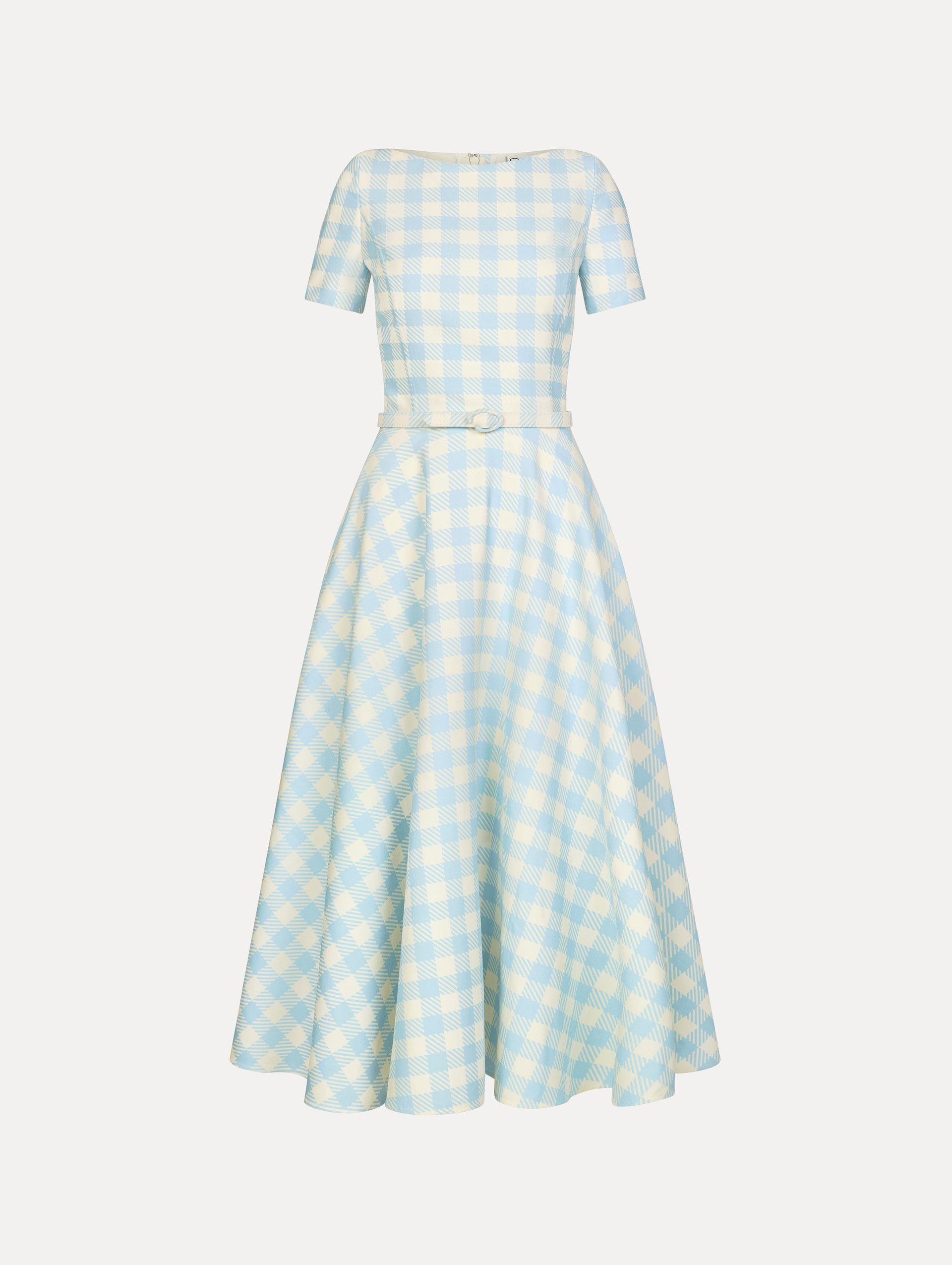 Dress in the colors White and Light Blue gingham print, featuring a straight neckline, short sleeves, A-line skirt, and matching belt at waist.