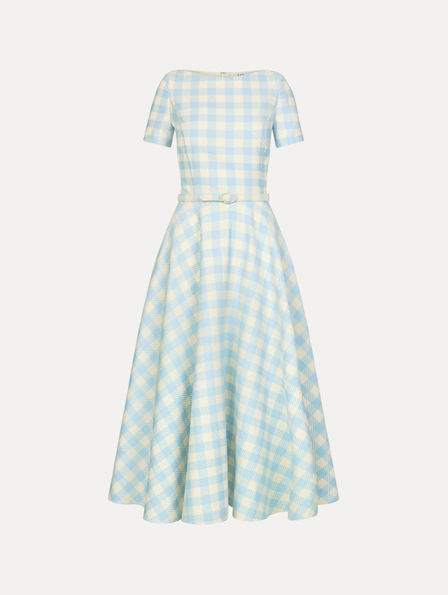 Dress in the colors White and Light Blue gingham print, featuring a straight neckline, short sleeves, A-line skirt, and matching belt at waist.