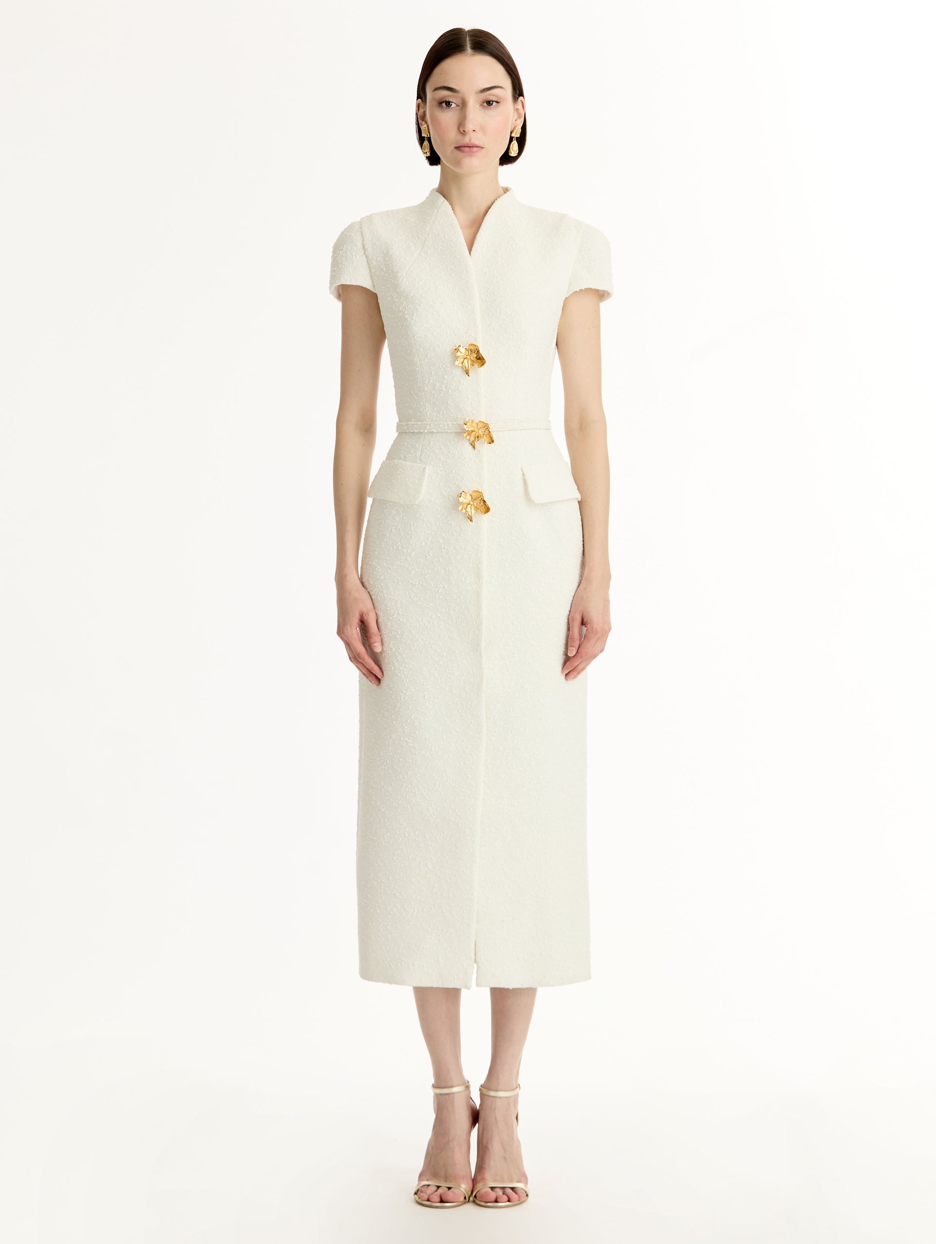 Ivory Cyclamen-Detailed Wool Tweed Dress with belted waist and floral motif gold buttons. Front View.