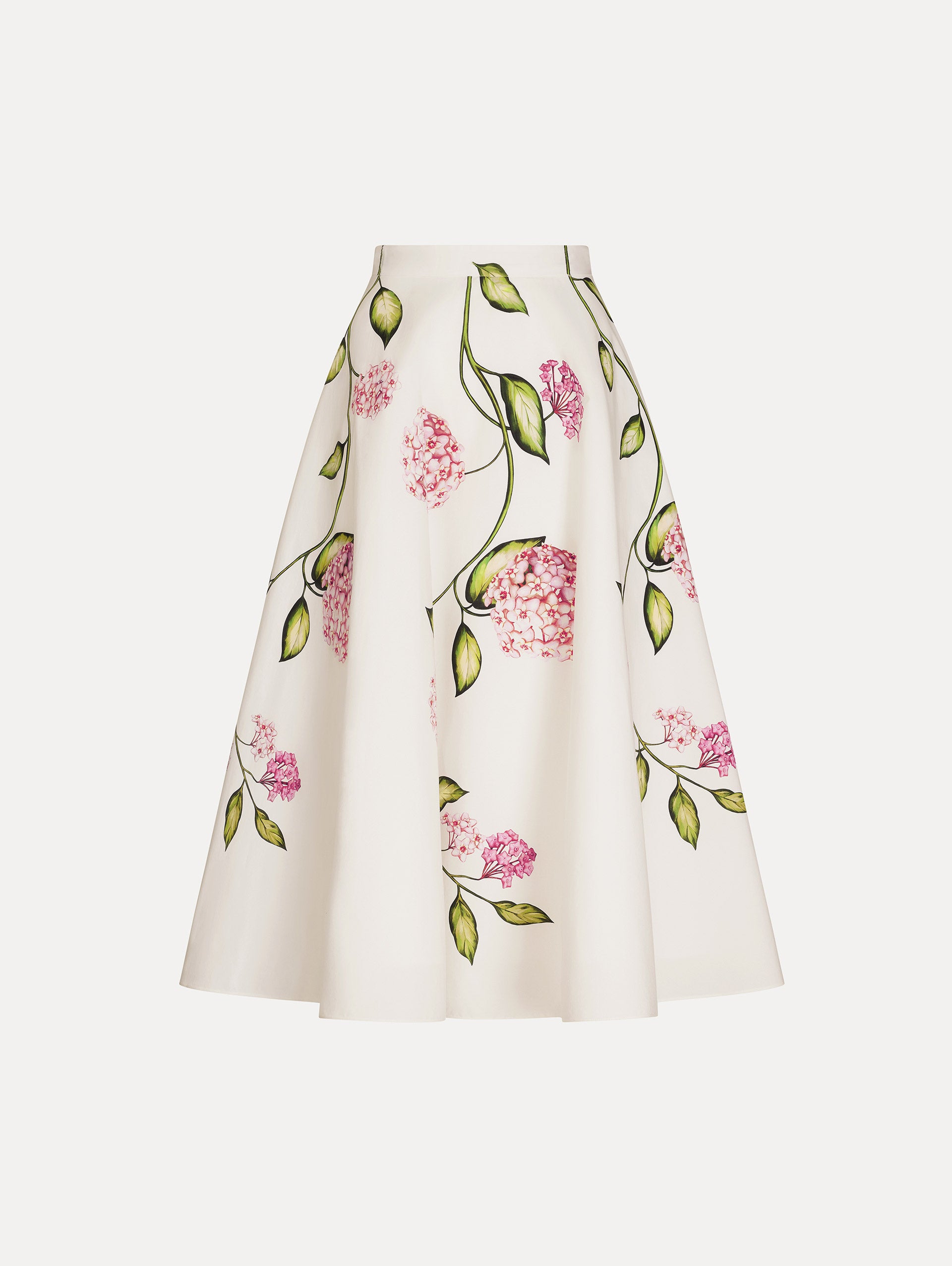 Porcelain Cotton Poplin Full Skirt,  High waisted. Florals in vivid pink with green stems and leaves. Front View