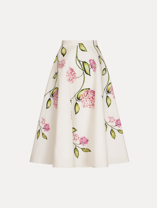 Porcelain Cotton Poplin Full Skirt,  High waisted. Florals in vivid pink with green stems and leaves. Front View