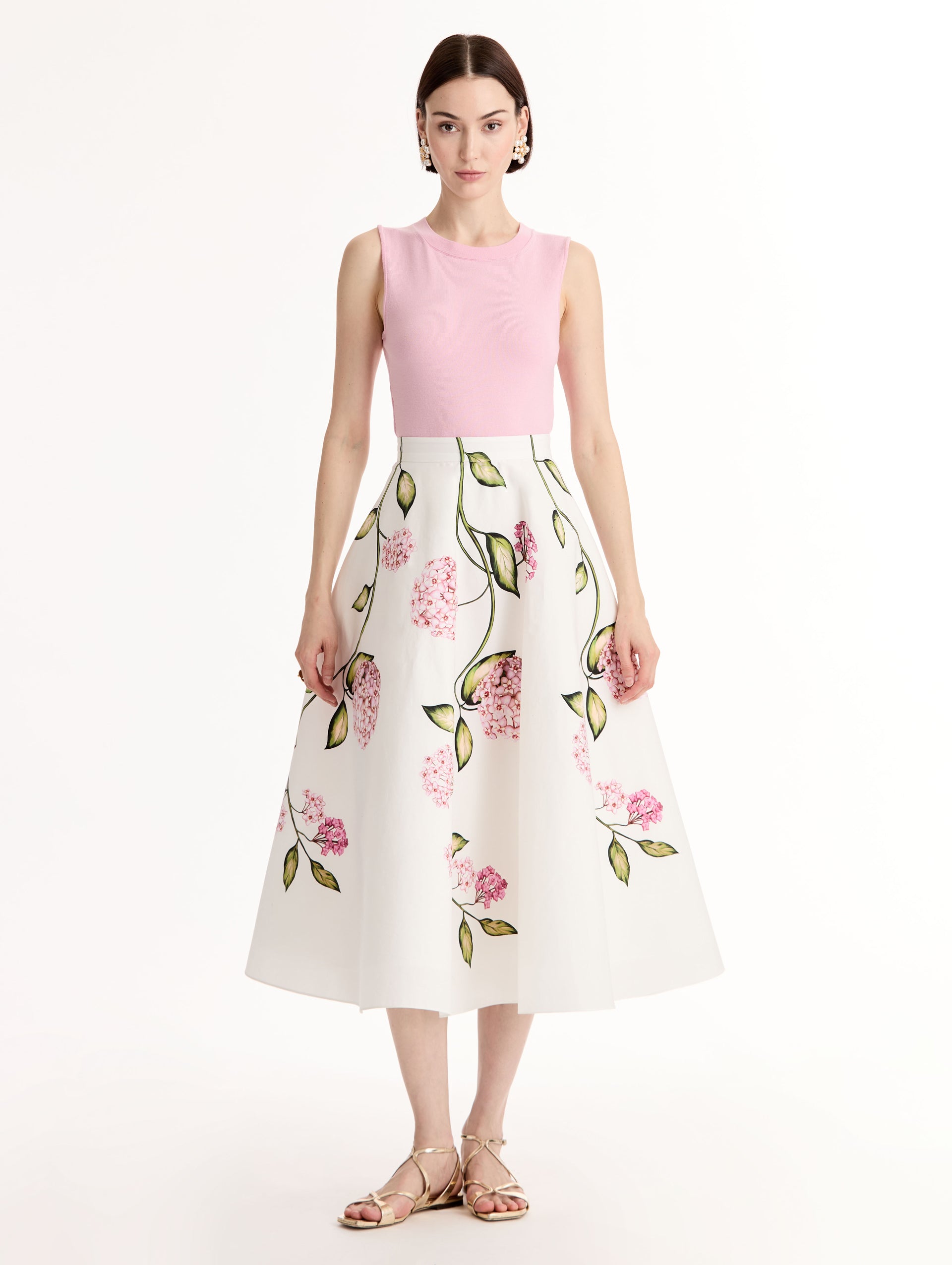 Porcelain Cotton Poplin Full Skirt,  High waisted. Florals in vivid pink with green stems and leaves. Front View