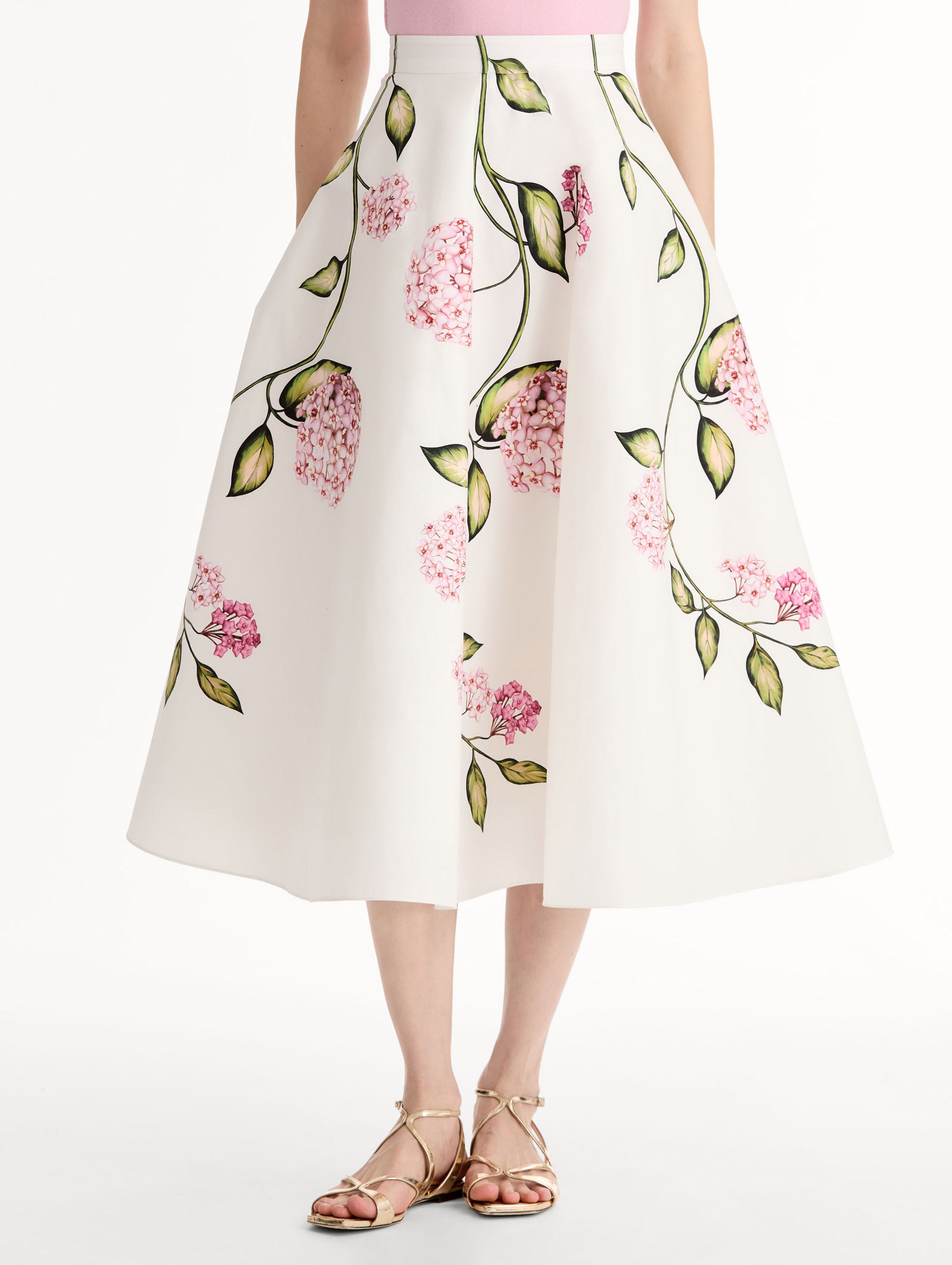 Porcelain Cotton Poplin Full Skirt,  High waisted. Florals in vivid pink with green stems and leaves. Front View