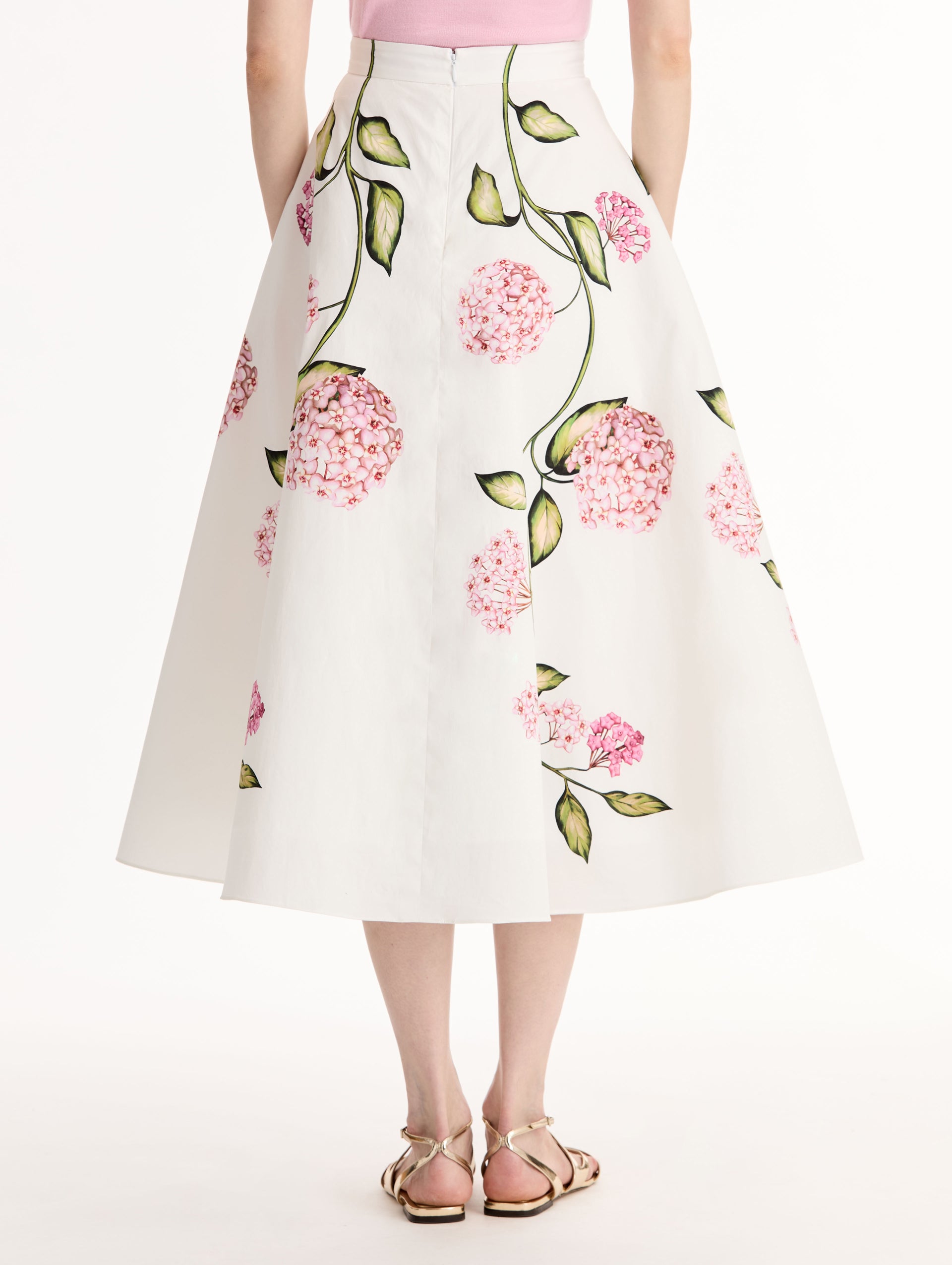 Porcelain Cotton Poplin Full Skirt,  High waisted. Florals in vivid pink with green stems and leaves. Back View