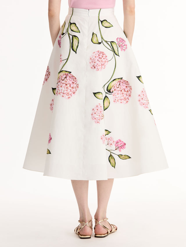 Porcelain Cotton Poplin Full Skirt,  High waisted. Florals in vivid pink with green stems and leaves. Back View