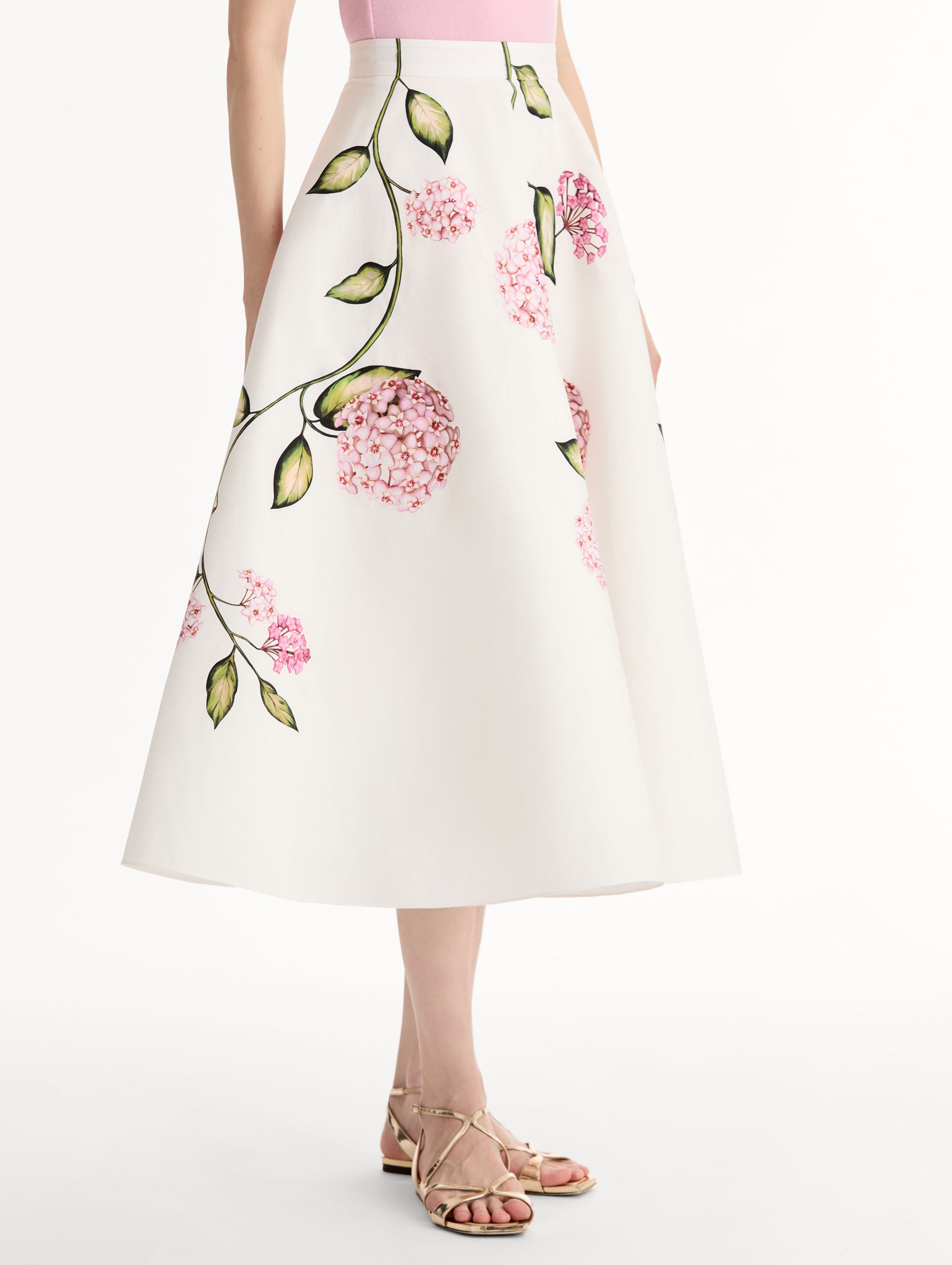 Porcelain Cotton Poplin Full Skirt,  High waisted. Florals in vivid pink with green stems and leaves. Side View