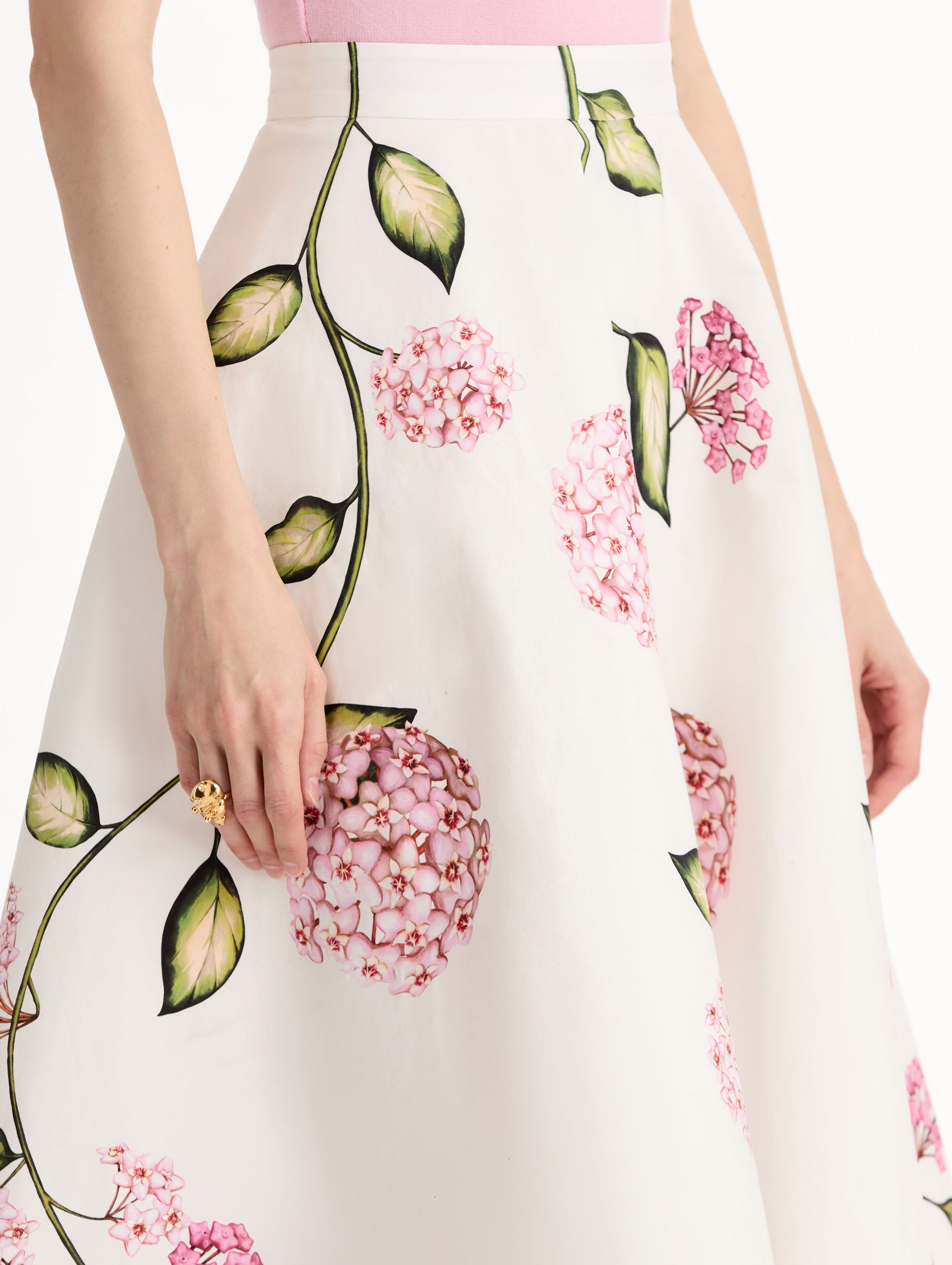 Porcelain Cotton Poplin Full Skirt,  High waisted. Florals in vivid pink with green stems and leaves. Side View. Zoom View.
