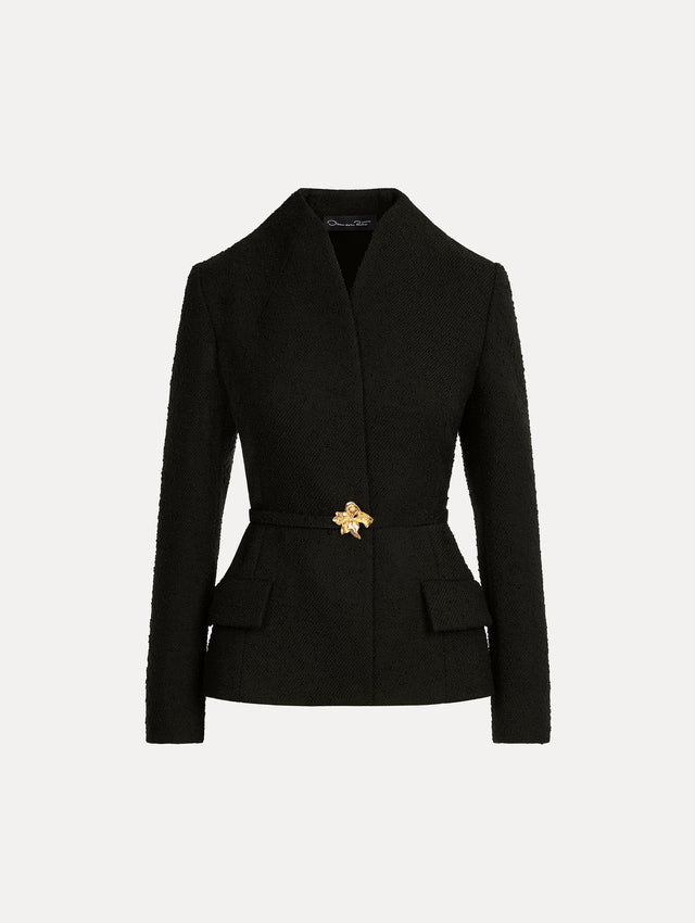 Black Cyclamen Belt Tweed Jacket, long sleeve, fitted, gold belt buckle. Front View.