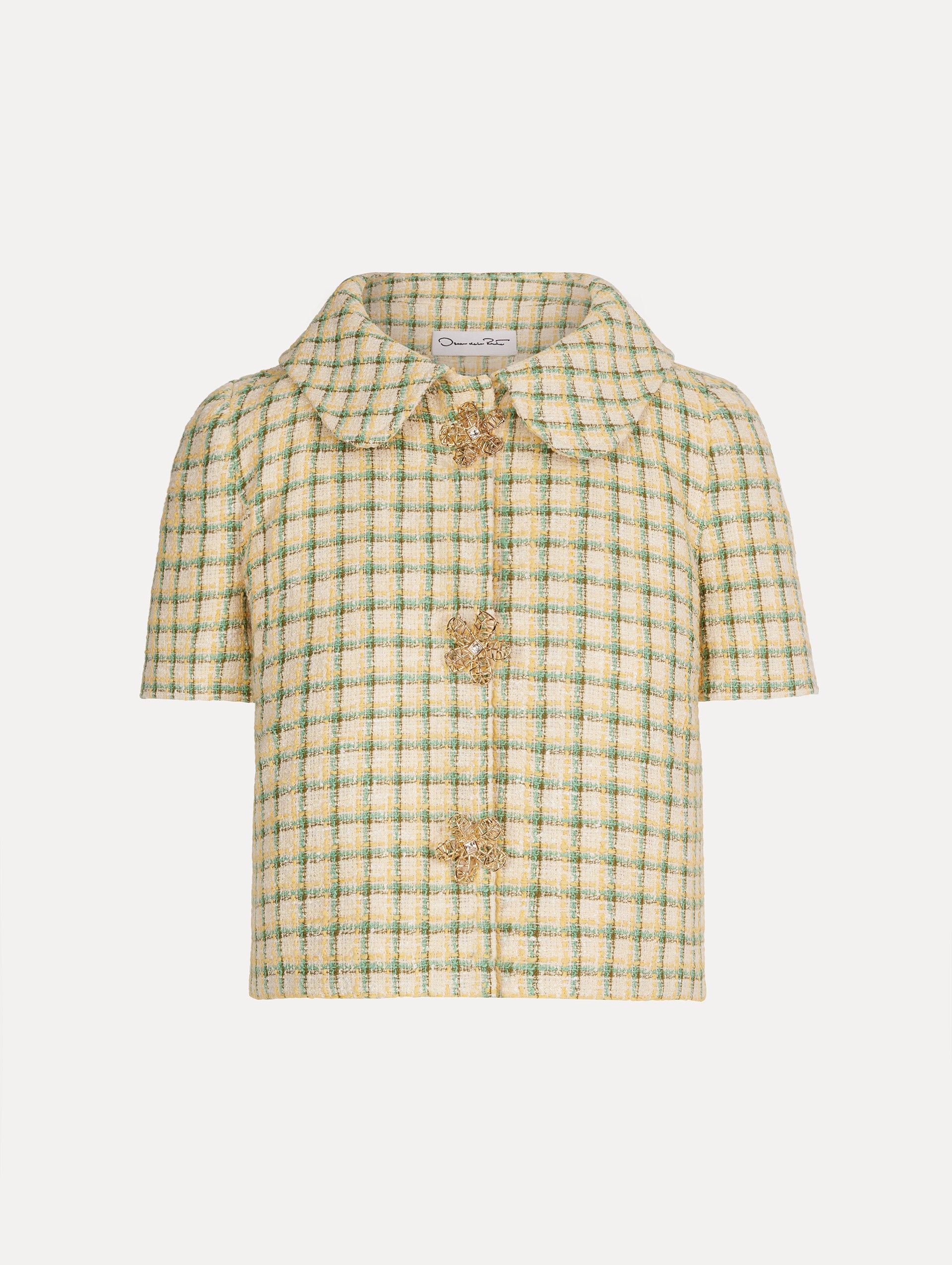 Short Sleeve Cropped Checked Tweed Jacket, Floral Button Closure, Butter Yellow with Green Checks, Rounded Collar. Front View.