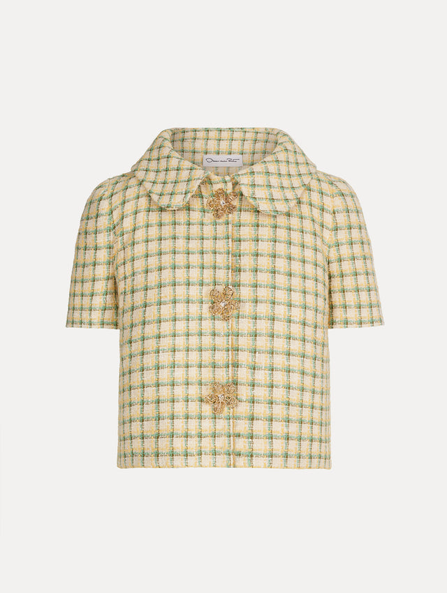 Short Sleeve Cropped Checked Tweed Jacket, Floral Button Closure, Butter Yellow with Green Checks, Rounded Collar. Front View.