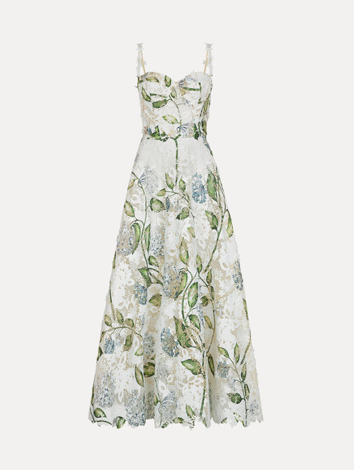 Porcelain Flower Guipure Cocktail Dress, Corseted Bodice, Full Skirt. White, Blue and Green. Front View.