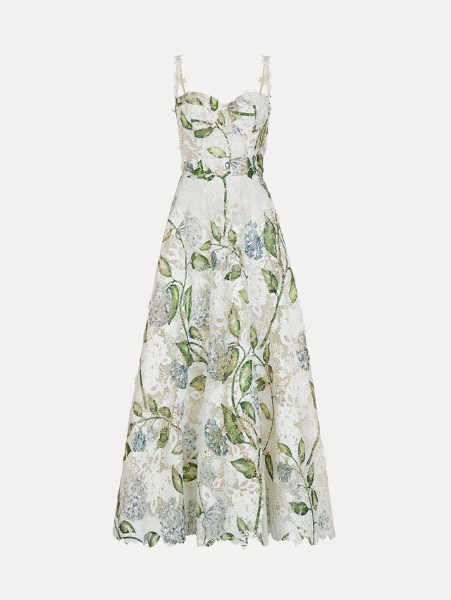 Porcelain Flower Guipure Cocktail Dress, Corseted Bodice, Full Skirt. White, Blue and Green. Front View.