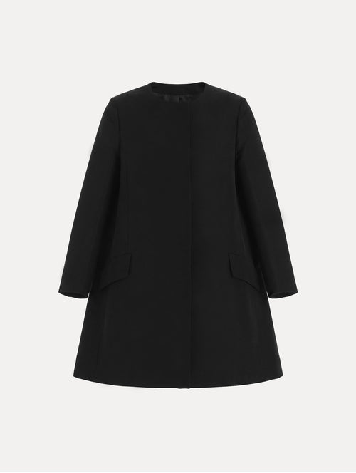 The Silk Faille Short Coat with flap pockets in the color black. 