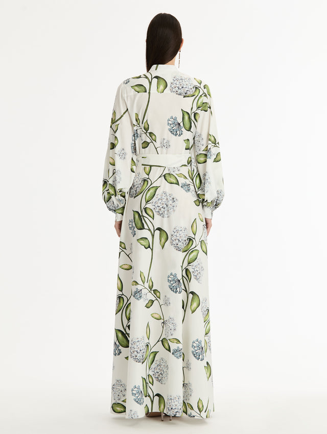 White Porcelain Flower Cotton Poplin Caftan with puffed sleeves and tie belted waist. Back View.