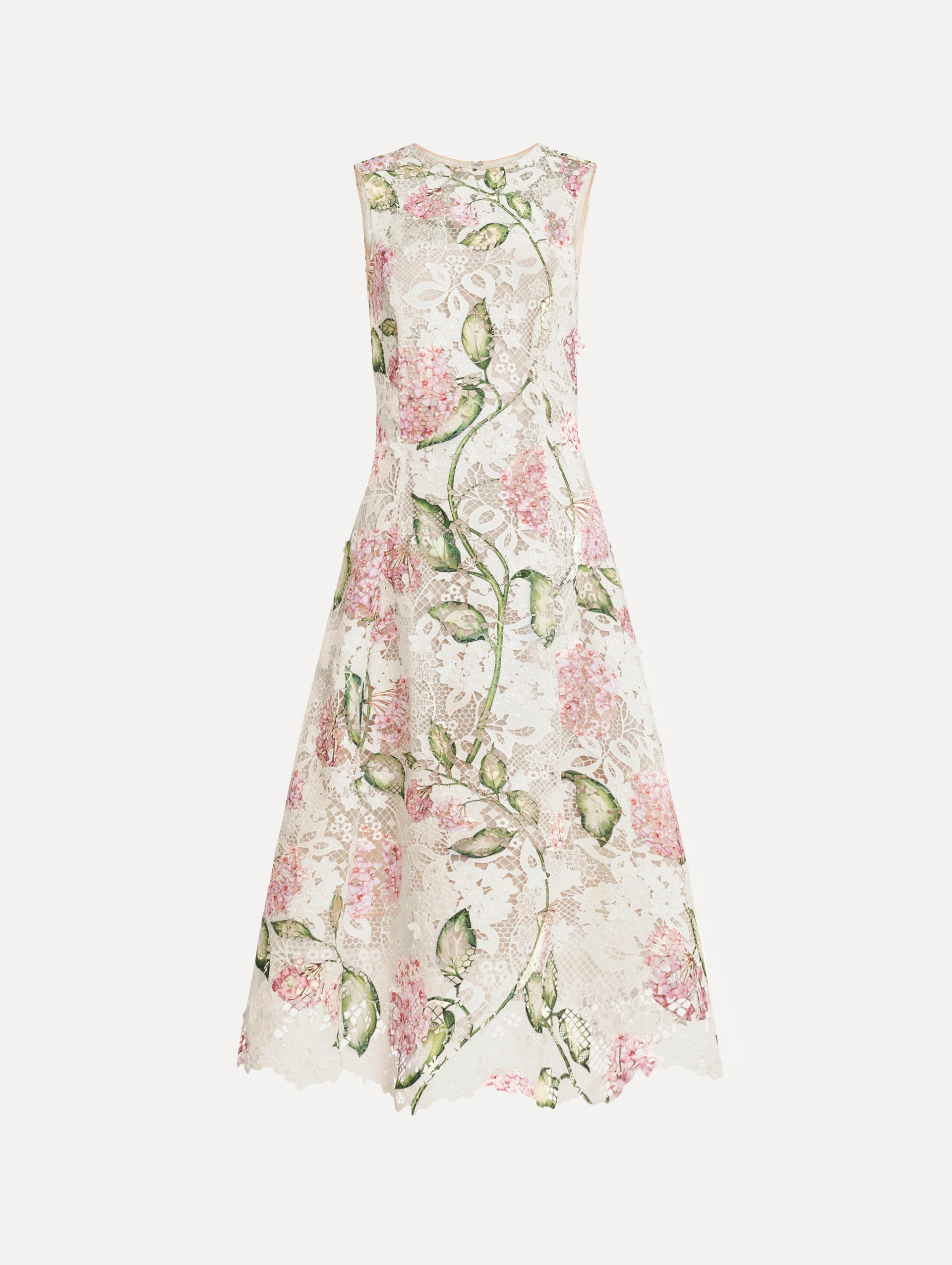 Porcelain Flower Guipure Sleeveless Dress in Pink and White. Front view.