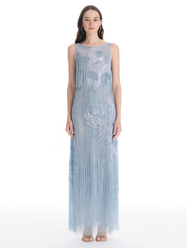Beaded Chrysanthemum Fringe Gown