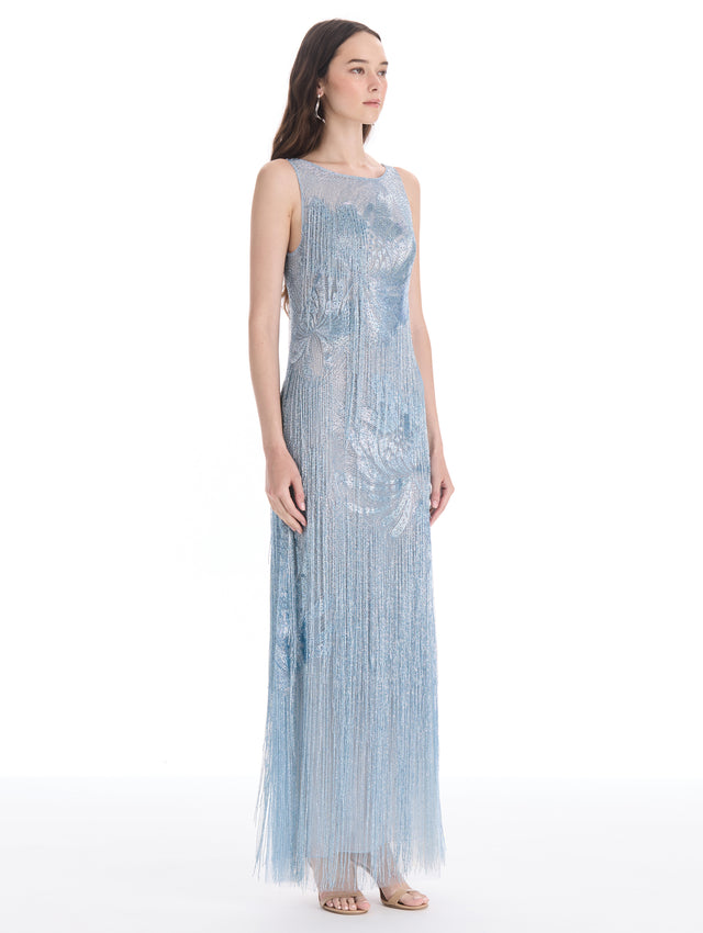 Beaded Chrysanthemum Fringe Gown