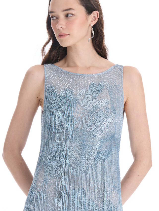 Beaded Chrysanthemum Fringe Gown
