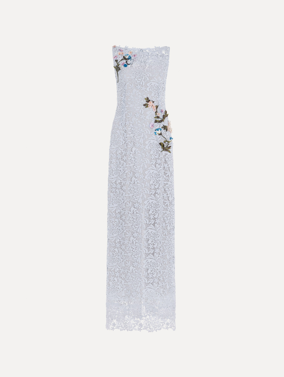 The image depicts a sleeveless chrysanthemum guipure embroidered gown. Front view.