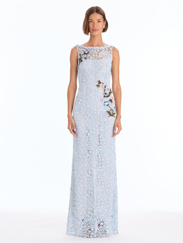 Floral Appliqué Chrysanthemum Guipure Gown