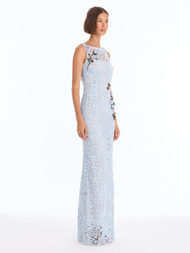 Floral Appliqué Chrysanthemum Guipure Gown