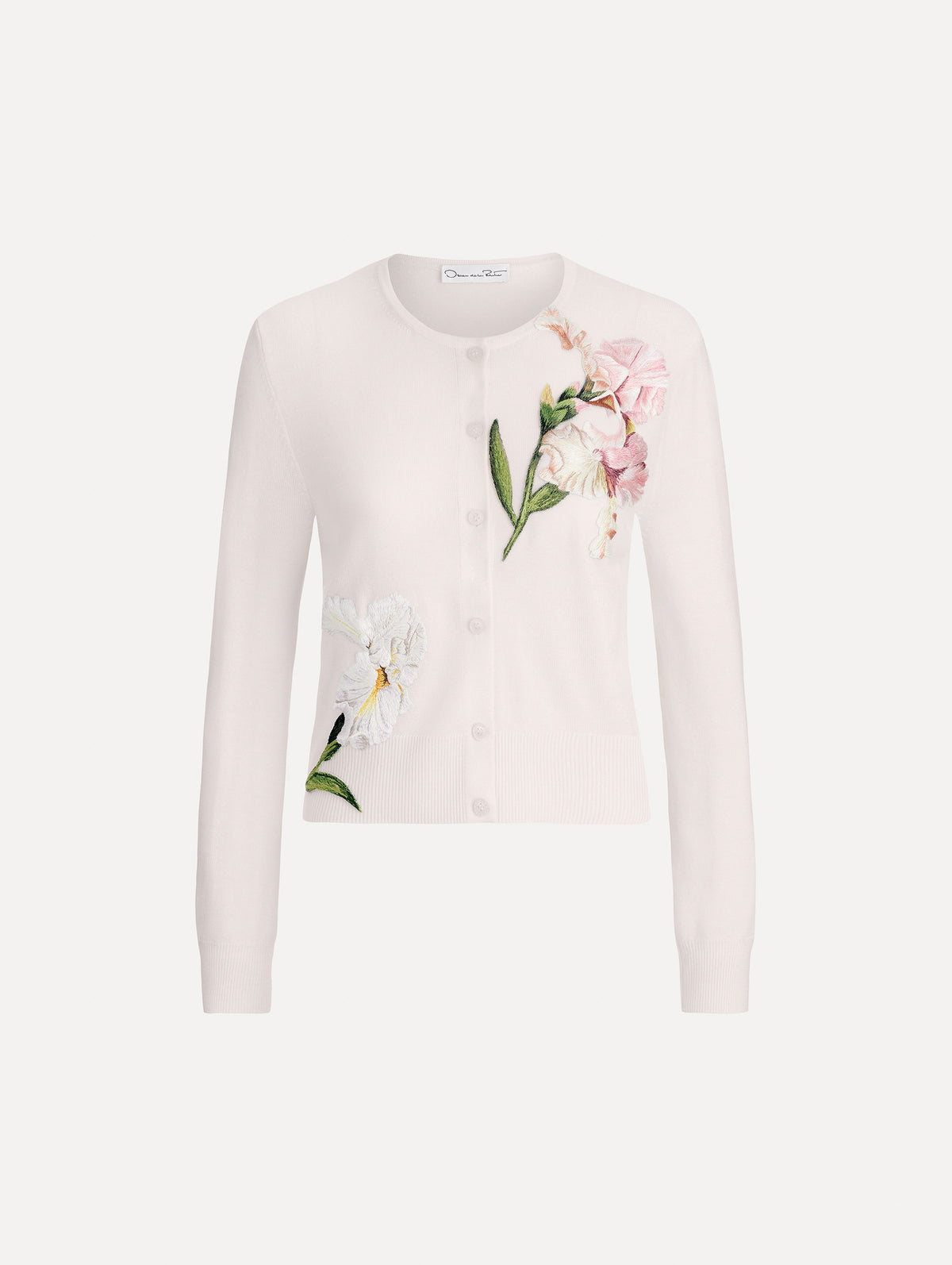 The image depicts an embroidered cardigan. Front view.