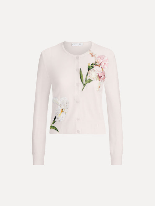 The image depicts an embroidered cardigan. Front view.