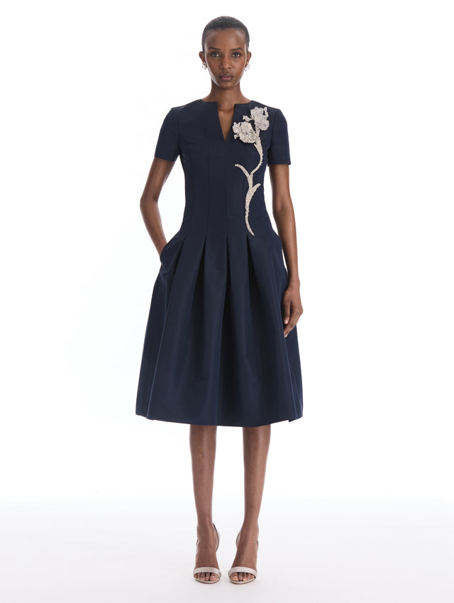 Iris Sequin & Bead Embroidered Appliqué Faille Dress
