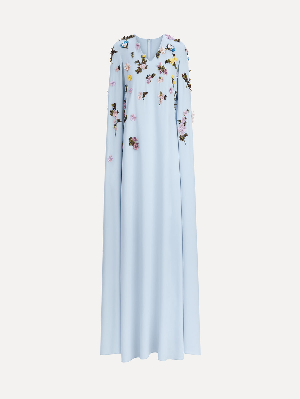 The image depicts a draped sleeve mixed botanical on lace caftan. Front view.