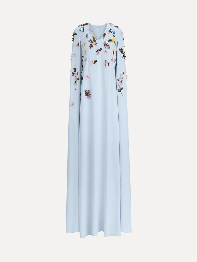 The image depicts a draped sleeve mixed botanical on lace caftan. Front view.