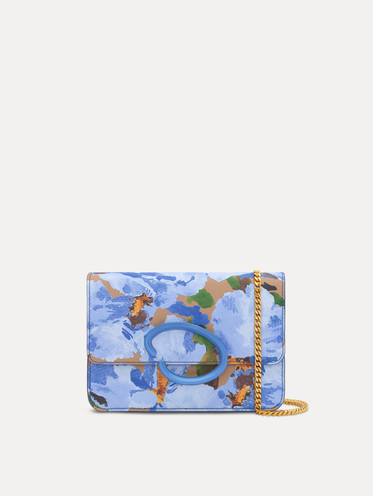 The image depicts an iris printed saffiano O pochette. Front view.