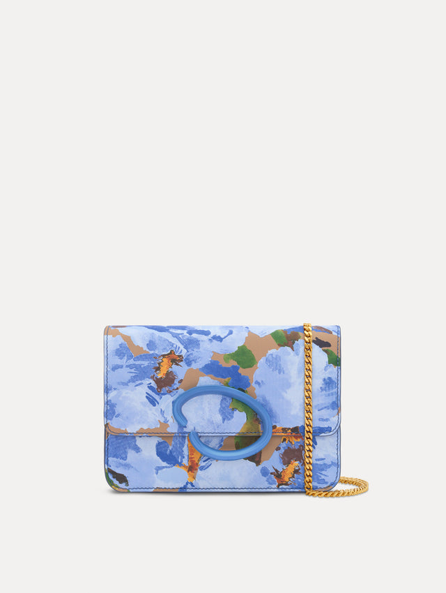 The image depicts an iris printed saffiano O pochette. Front view.