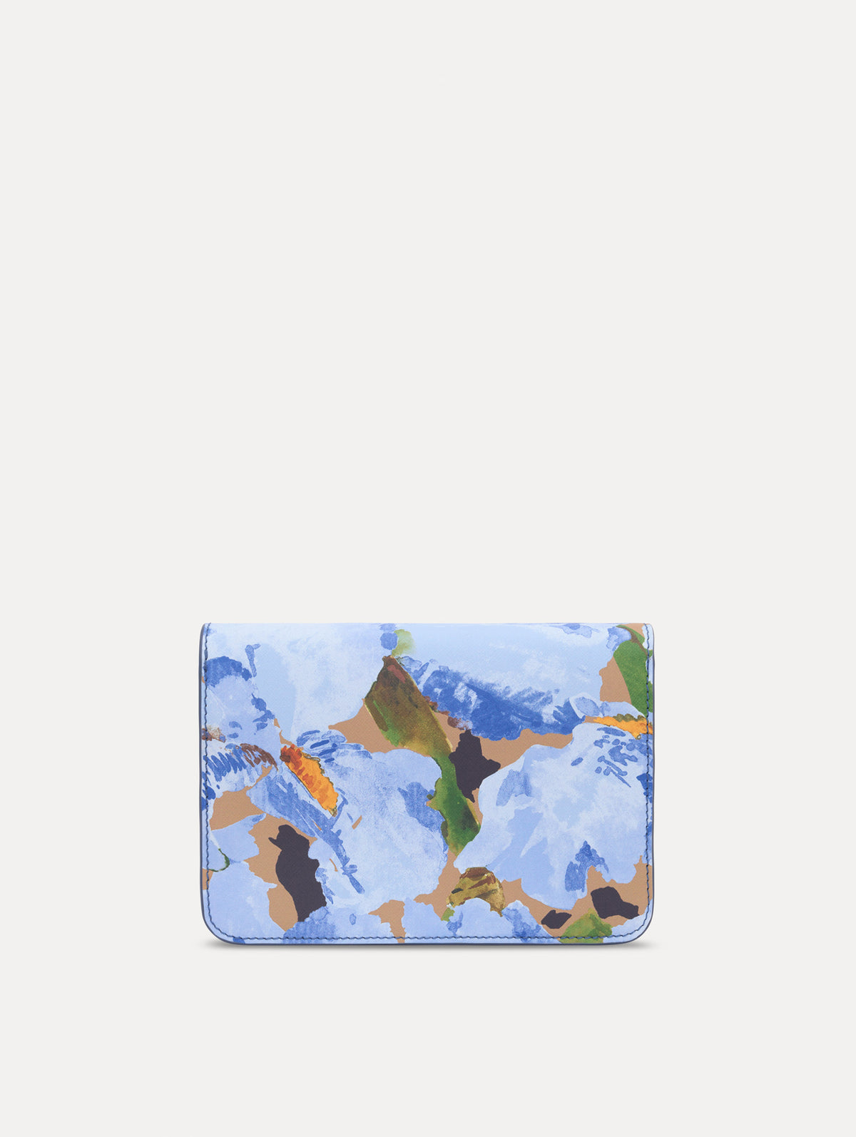 The model is carrying an iris printed saffiano O pochette. Back view.