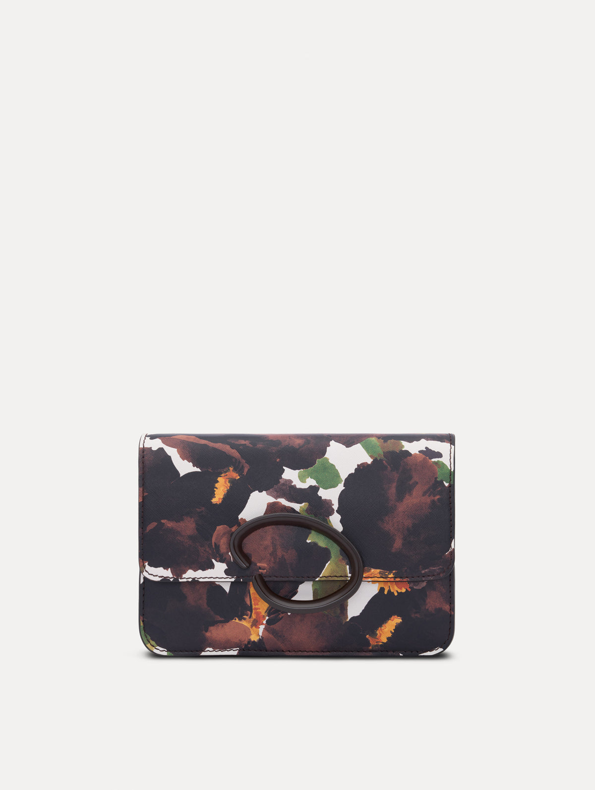 The model is carrying an iris printed saffiano O pochette. Side view.