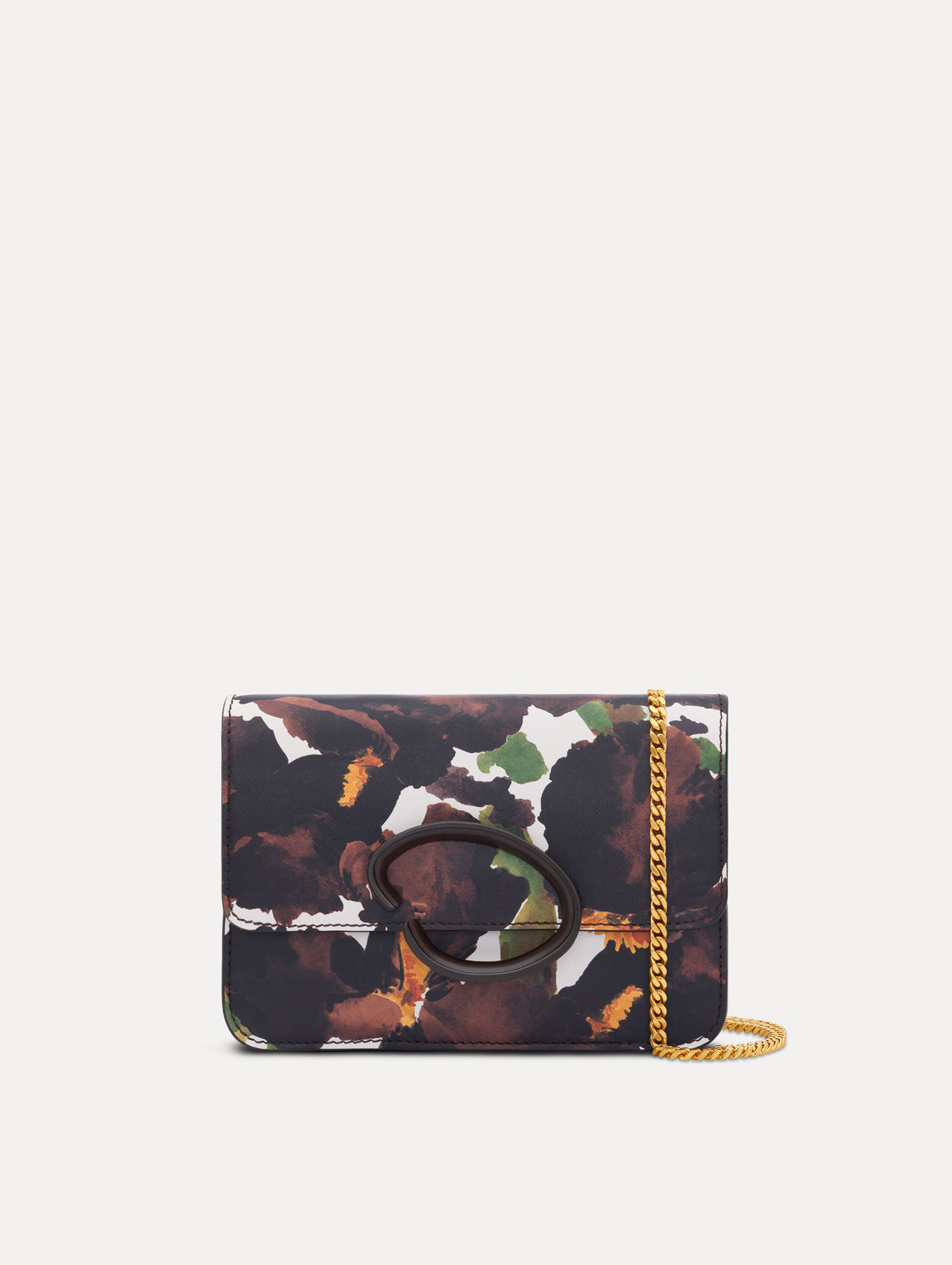 The image depicts an iris printed saffiano O pochette. Front view.