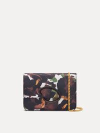 The image depicts an iris printed saffiano O pochette. Front view.