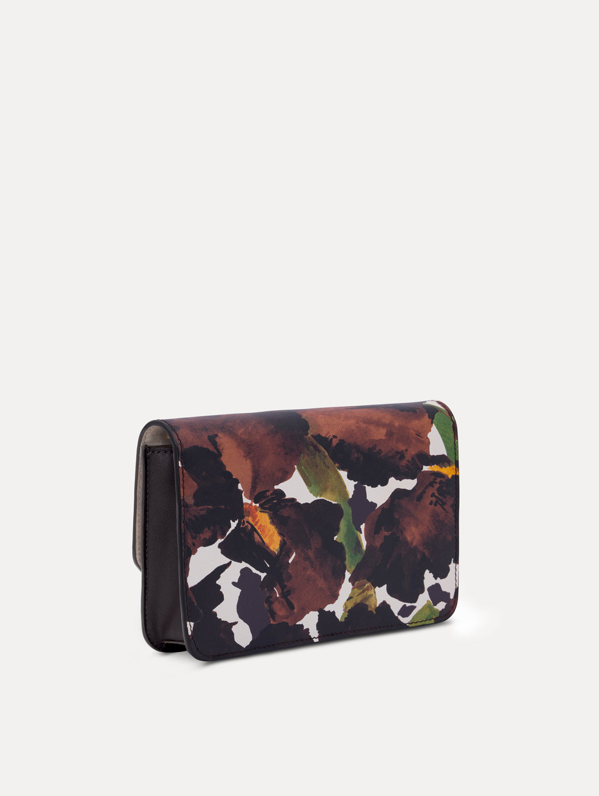 The model is carrying an iris printed saffiano O pochette. Zoom view.