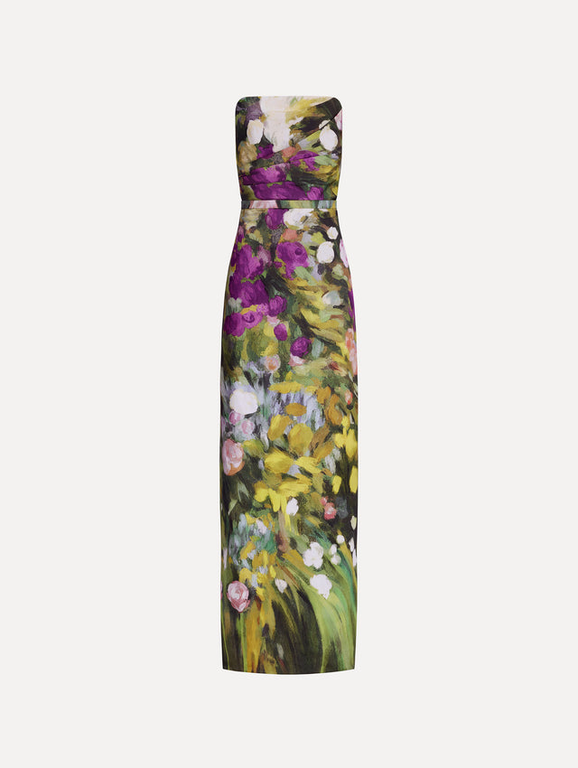 The image depicts a strapless abstract garden faille gown. Front view.
