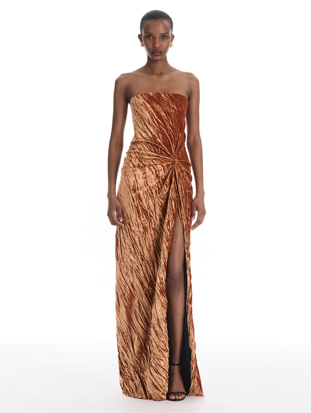 Crinkled Velvet Drape-Detailed Gown