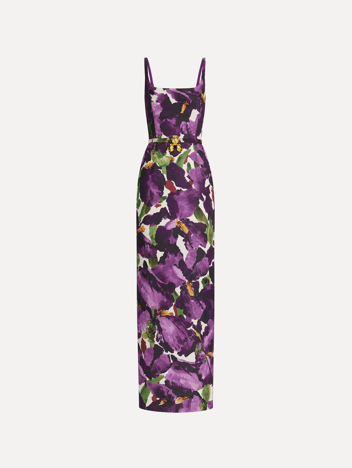 The image depicts a sleeveless large watercolor iris faille gown. Front view.